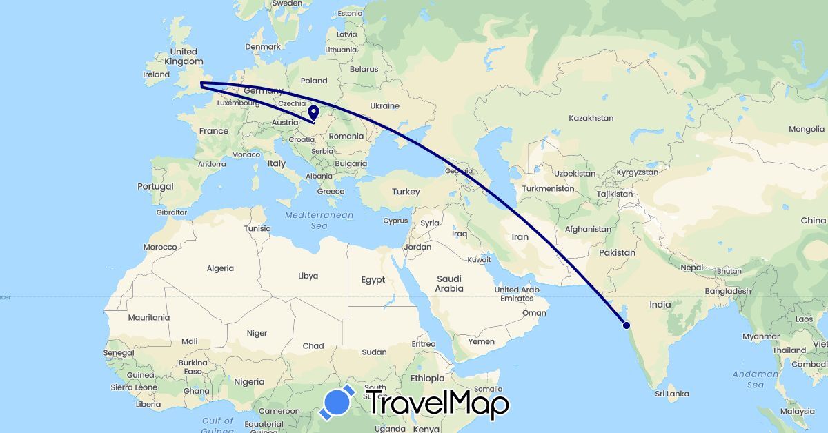 TravelMap itinerary: driving in Belgium, United Kingdom, Hungary, India (Asia, Europe)